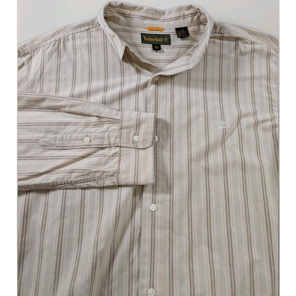 Timberland Stripe Shirt Men's XXL Tan Black Regular Fit Button Down Outdoors